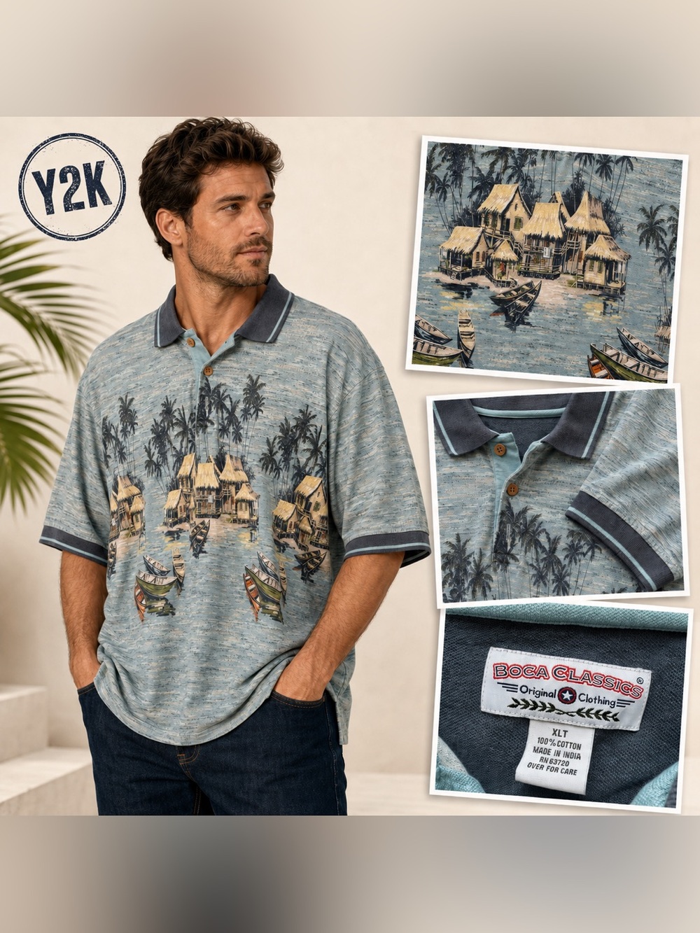 Vintage Y2K Boca Classics Tropical Fishing Village Polo Men’s XLT Cotton